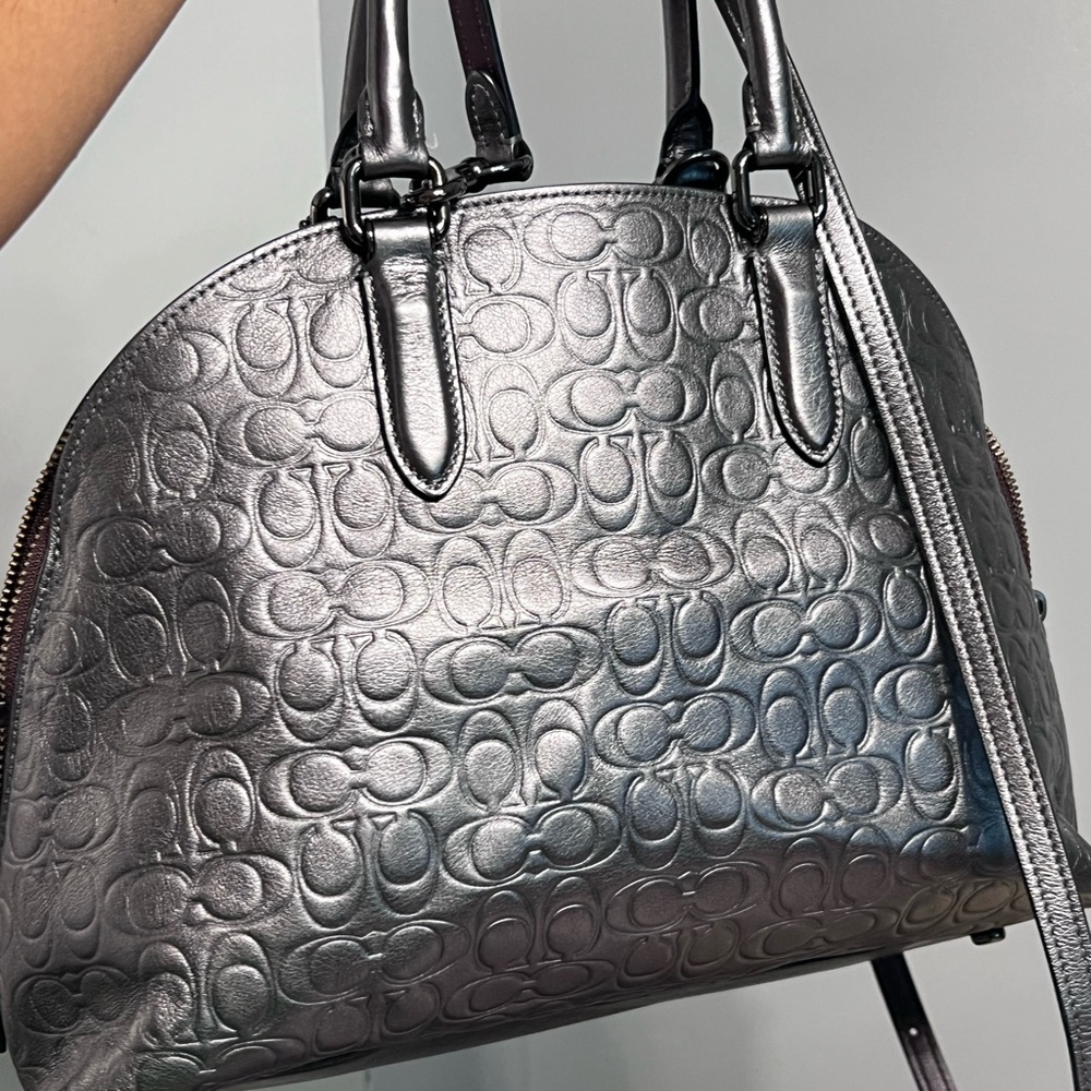 Coach Quinn Satchel Gray Pewter Signature Embossed Metallic Leather Gently Used